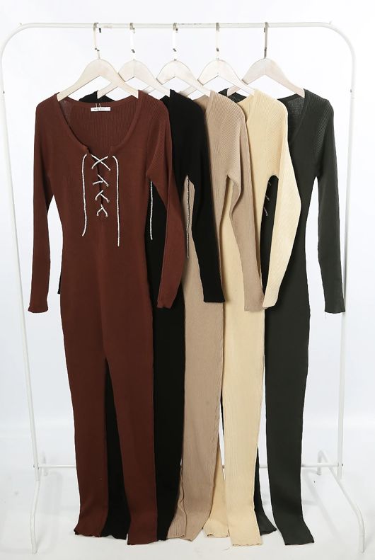  Taupe Diamante Tie Knitted Unitard
