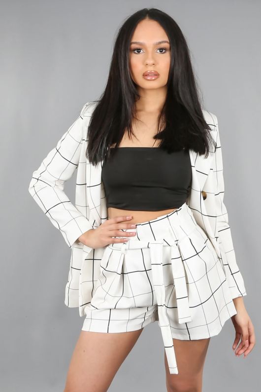 Beige Check Print Tailored Belted Shorts & Blazer Set