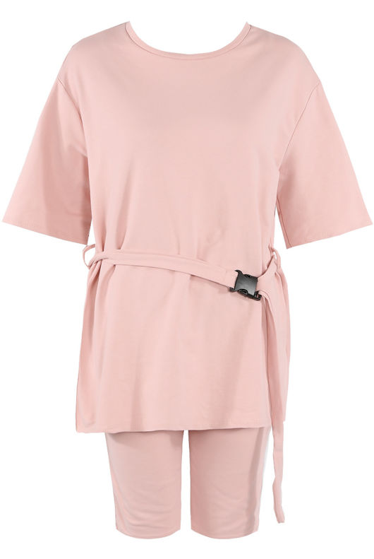 Pink Nylon Belt T-Shirt With Cycling Short Set 