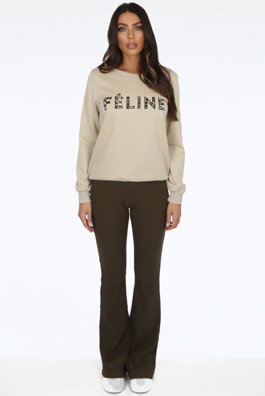 Beige FELINE Slogan Ribbed Jumper
