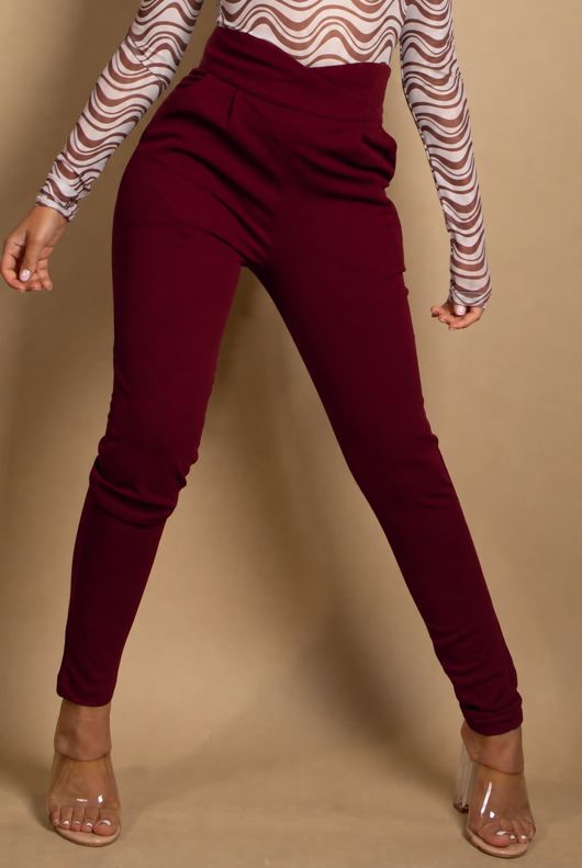 Wine Cross Over High Waisted Trousers