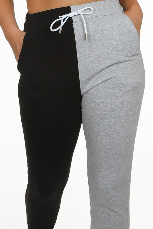 Grey Two Tone Front Tie Up Elasticated Waist Joggers