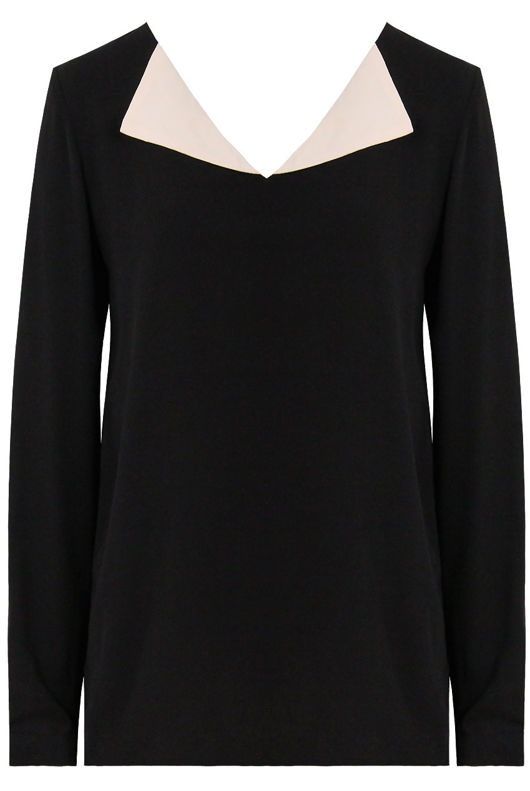 Black Contrast Collar Long Sleeve Tops