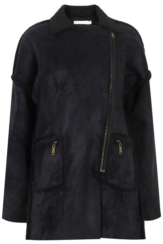  Black Suede Textured Aviator Coat 