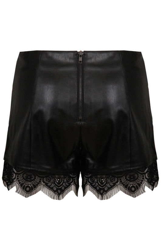 Black PVC Back Zip Detail Lace Shorts