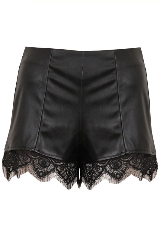 Black PVC Back Zip Detail Lace Shorts