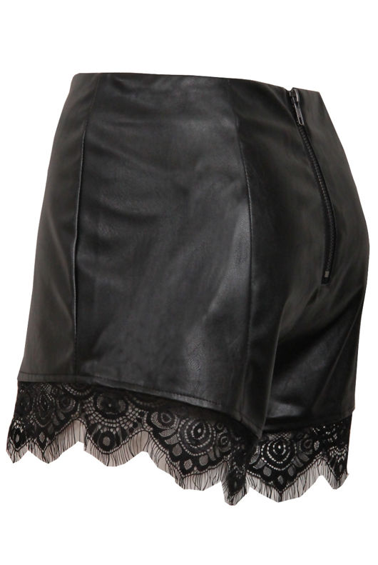 Black PVC Back Zip Detail Lace Shorts