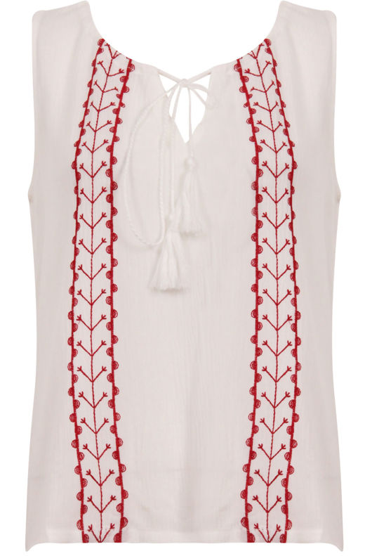 White Embroidered Tie Neck Tops