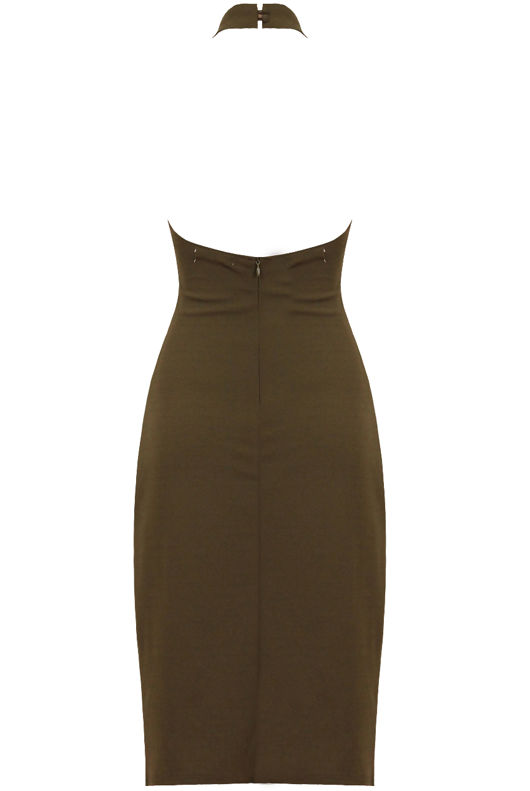 Khaki Tie Neck Back Zip Up Bodycon Dress