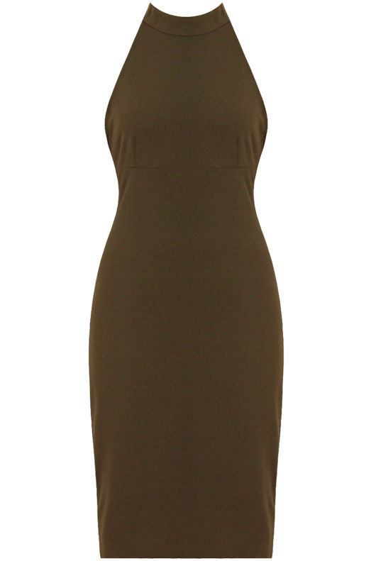 Khaki Tie Neck Back Zip Up Bodycon Dress