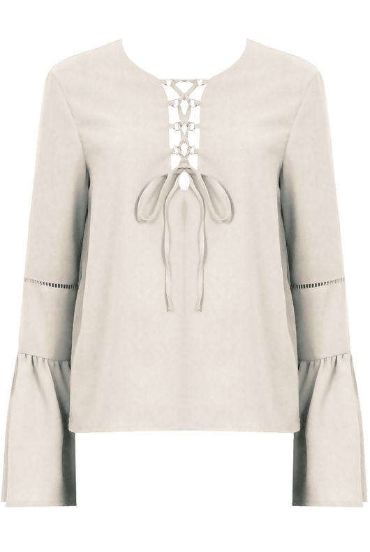 Cream Lace Up Front Bell Sleeve Blouse