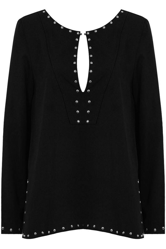 Black Studded Detail Long Sleeve Tops