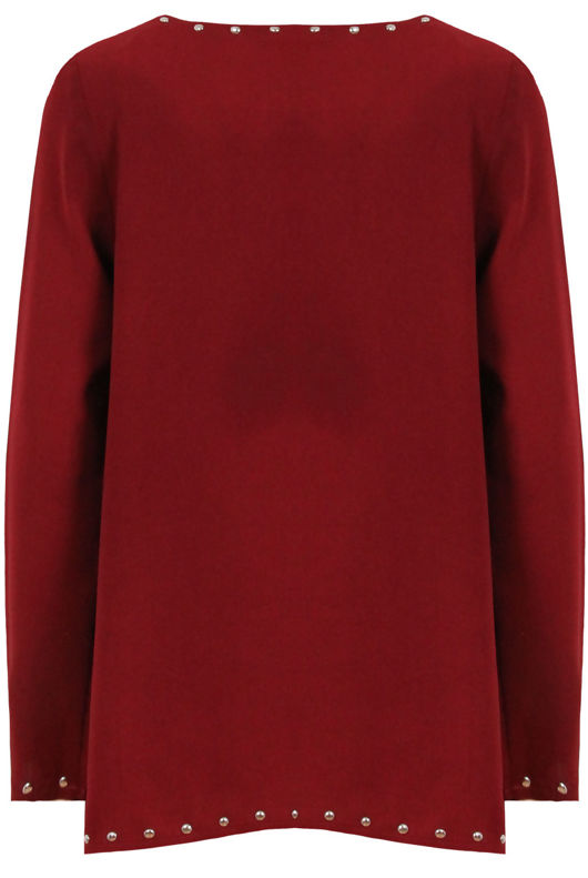 Wine Studded Detail Long Sleeve Tops