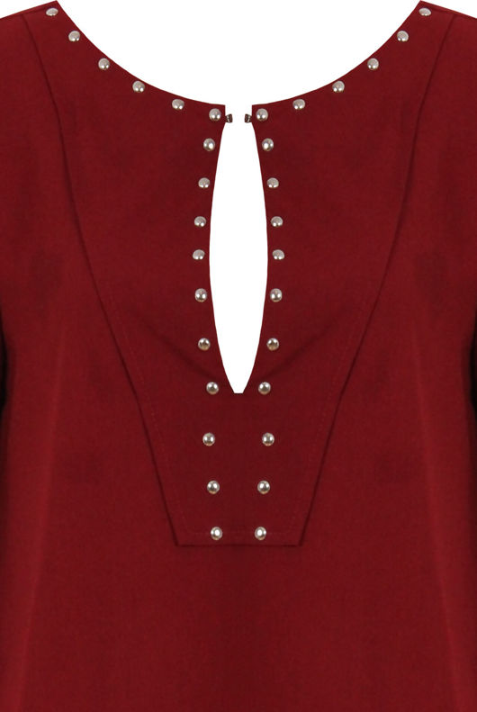 Wine Studded Detail Long Sleeve Tops