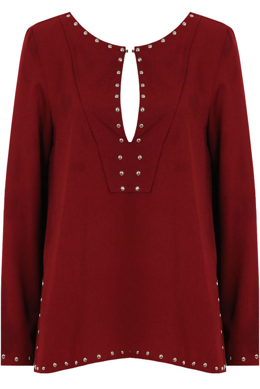 Wine Studded Detail Long Sleeve Tops