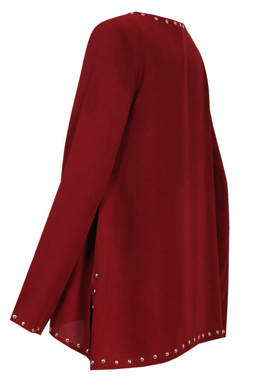 Wine Studded Detail Long Sleeve Tops