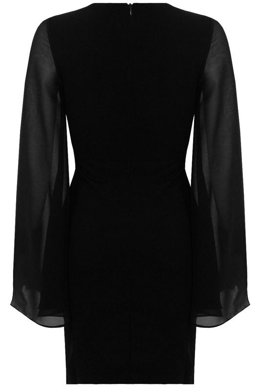 Black Lace Up Front Chiffon Sleeve Evening Dress