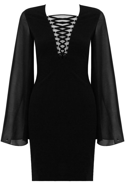 Black Lace Up Front Chiffon Sleeve Evening Dress