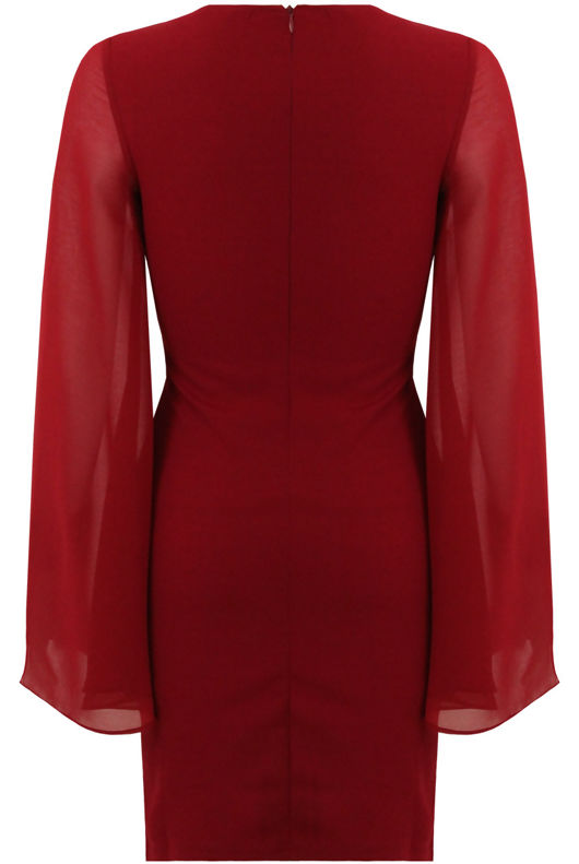 Wine Lace Up Front Chiffon Sleeve Evening Dress