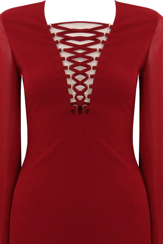 Wine Lace Up Front Chiffon Sleeve Evening Dress