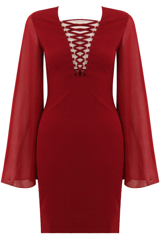 Wine Lace Up Front Chiffon Sleeve Evening Dress