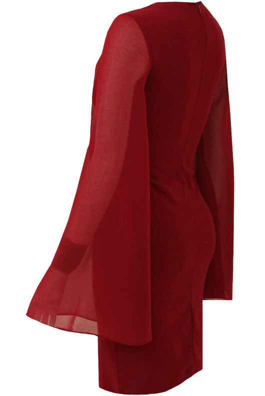 Wine Lace Up Front Chiffon Sleeve Evening Dress