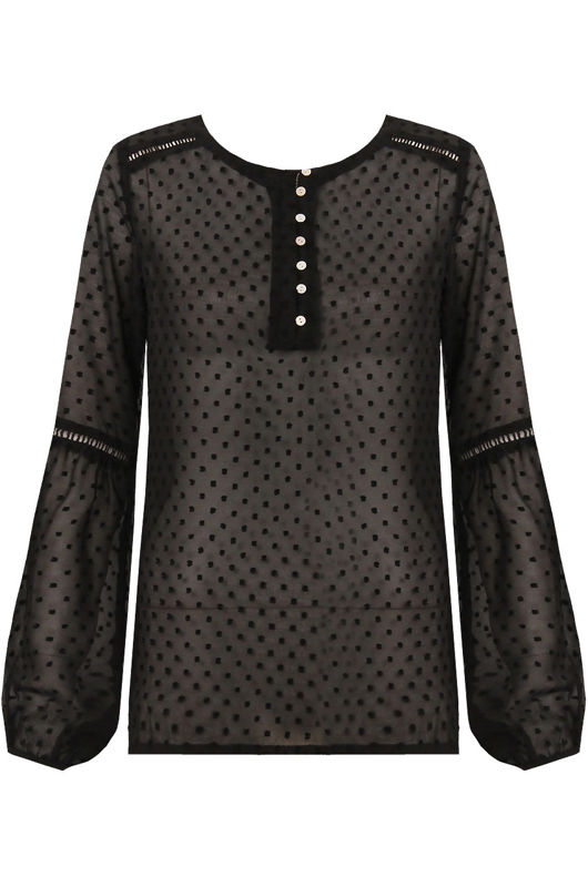 Black Embroidery Textured Puff Sleeve Blouse