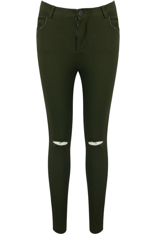 Khaki Super Stretch Knee Ripped Jeans