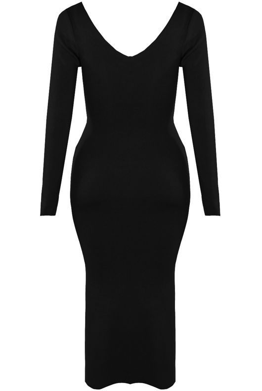 Black Fine Knit Midi Dress With Tie Front