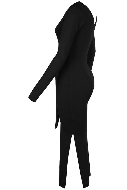 Black Fine Knit Midi Dress With Tie Front