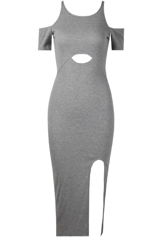 grey Cold Shoulder Side Split Midi Dress