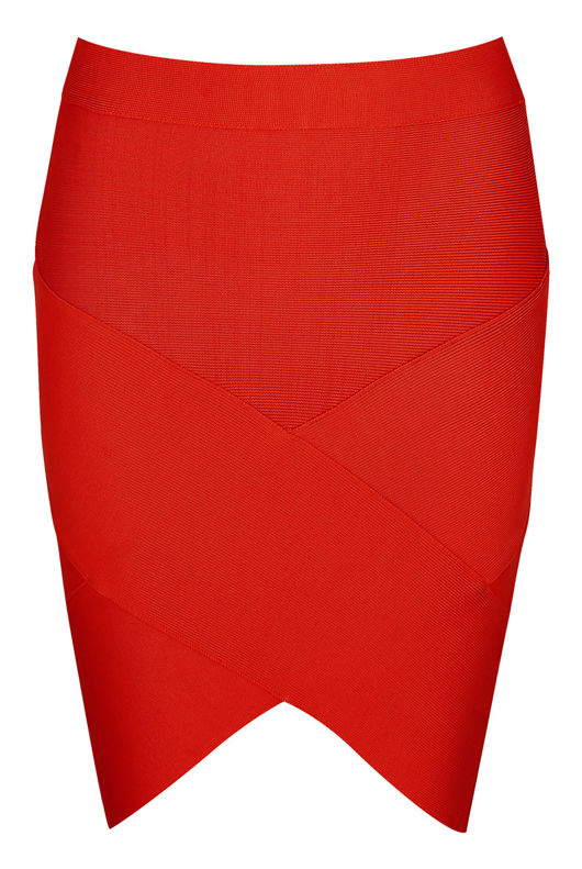 Red Ribbed Crossover Pencil Skirt