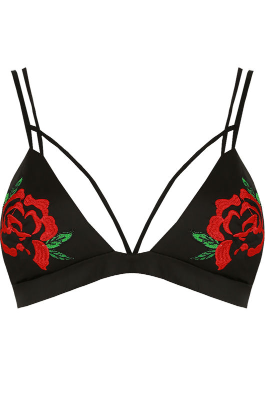 Black Contrast Flower Embroidery  Bralet