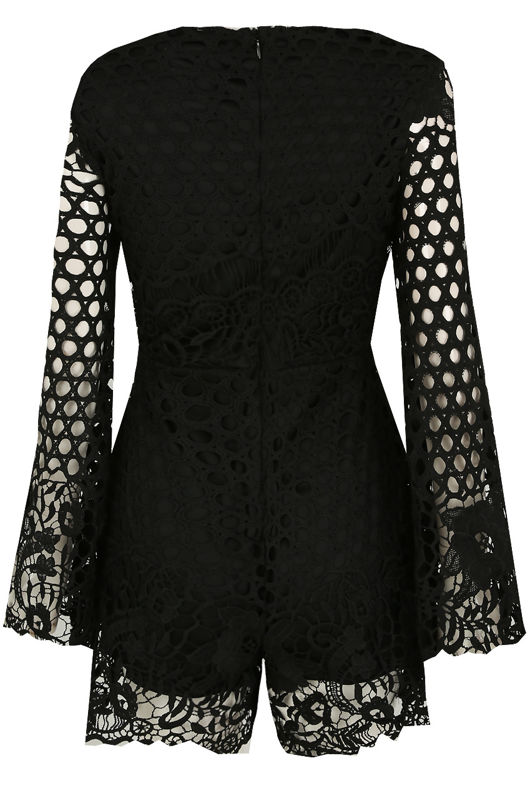 Floral Crochet Lined Playsuit in Black