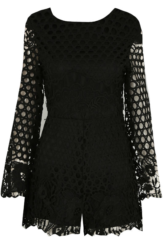Floral Crochet Lined Playsuit in Black