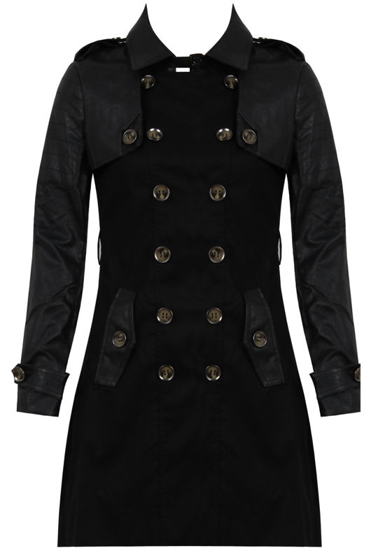 Black PVC Detail Double Breasted Trench Coat