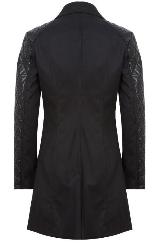 Black Qulited PVC Sleeved Side Zip Trench Coat