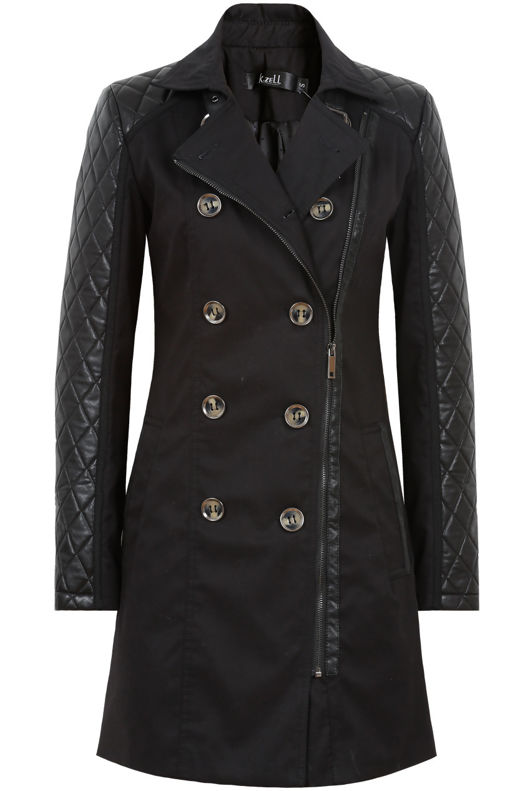 Black Qulited PVC Sleeved Side Zip Trench Coat