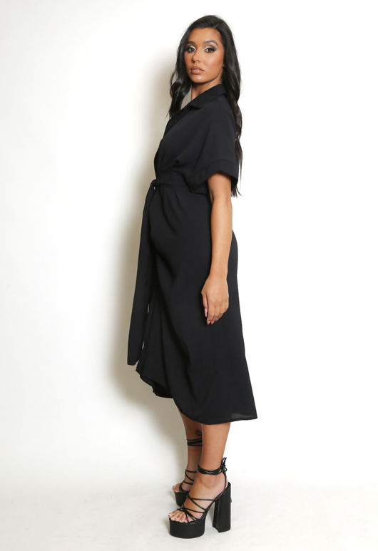 Black Tie Front Ruched Shirt Dress