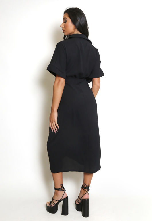 Black Tie Front Ruched Shirt Dress