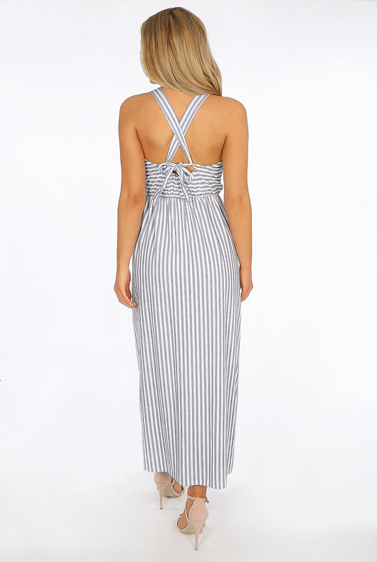 Light Blue Small Striped Front Button Up Maxi Dress