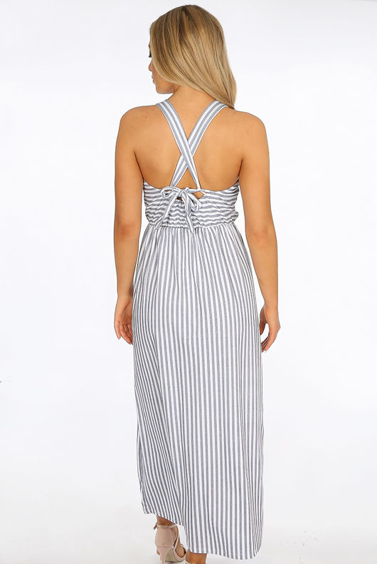 Light Blue Small Striped Front Button Up Maxi Dress