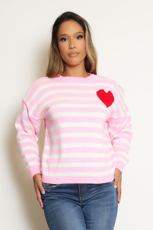Pink Heart Motif Striped Jumper