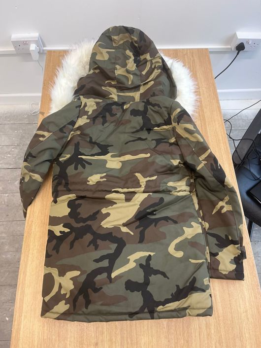 White Faux Fur Lined Camouflage Hooded Parka Coat