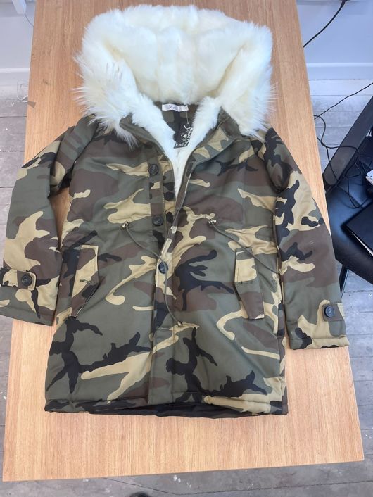 White Faux Fur Lined Camouflage Hooded Parka Coat