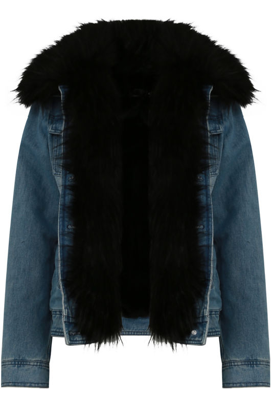 Blue with Black Fur Denim Fur Lined Jacket
