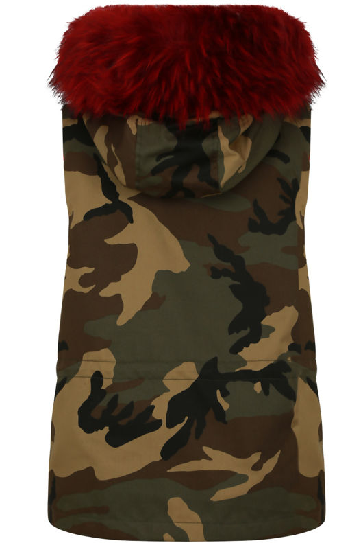 Camouflage Print Faux Fur Gilet In Wine 