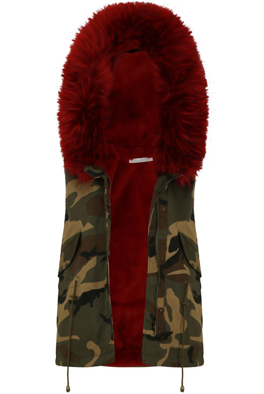 Camouflage Print Faux Fur Gilet In Wine 