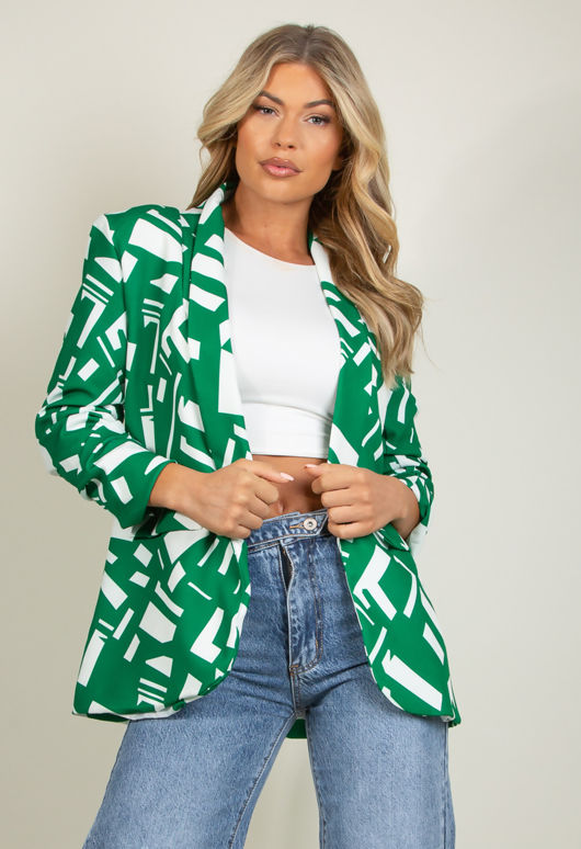 Green Geo Print Ruched Sleeve Open Blazer