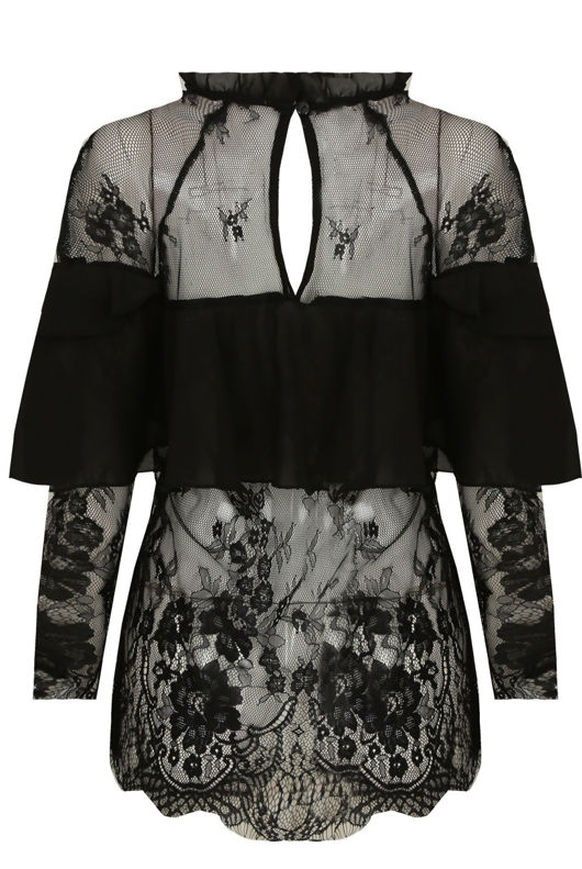 Black Floral Mesh Layered Tops